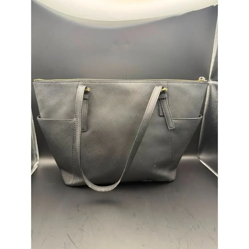 Michael Kors Black Saffiano Leather Tote Shoulder Bag Gold Hardware Zip Top